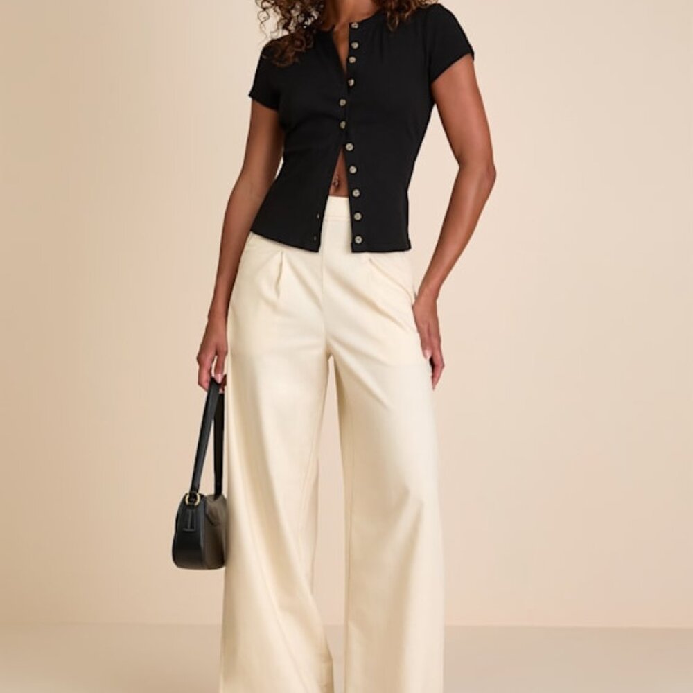 Lulus Hansley Cream Pleated High-rise Wide-leg Trouser Pants White - Size S